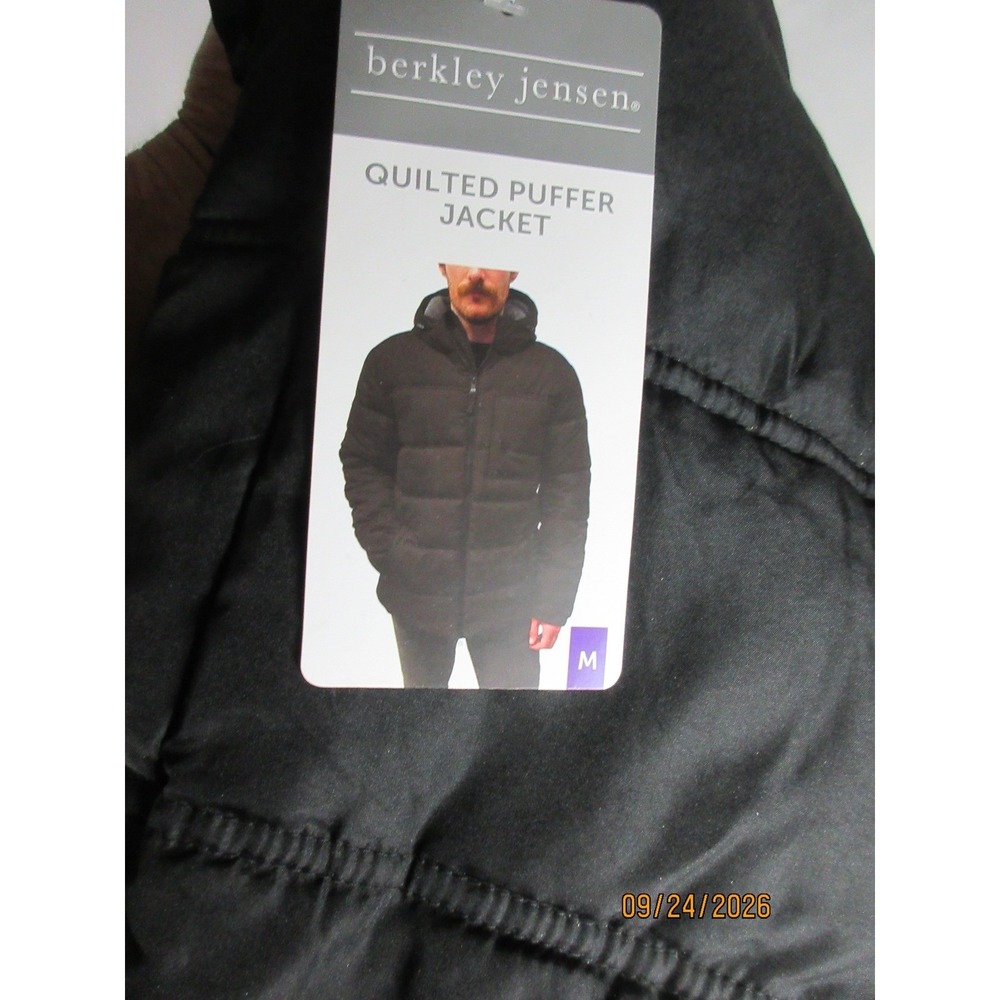 Berkley Jensen Mens Quilted Puffer Jacket Black Water Resistant Hooded Medium - Picture 5 of 7